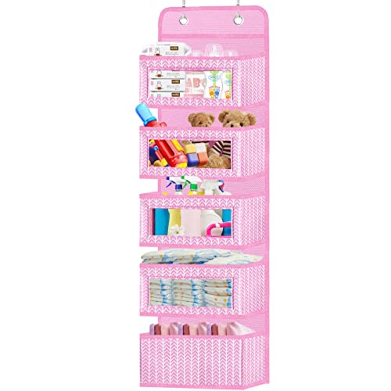 VERONLY Over the Door Hanging Organizer with 5 Large Pockets - Wall Mount Pantry Storage with 2 Big Metal Hooks for Baby Girl’s Diapers Closet,Bathroom,Nursery,Bedroom,Dorm,Baby,Kids Toys (Pink)